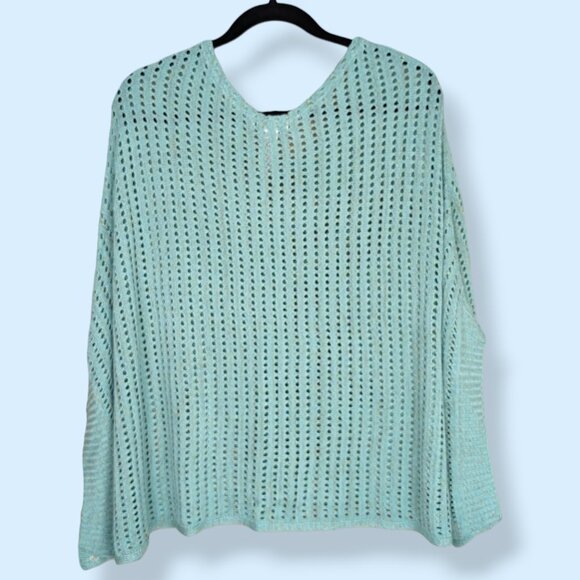 Big Buddha Green-Blue Metallic Open Knit Poncho Sweater - Picture 5 of 8
